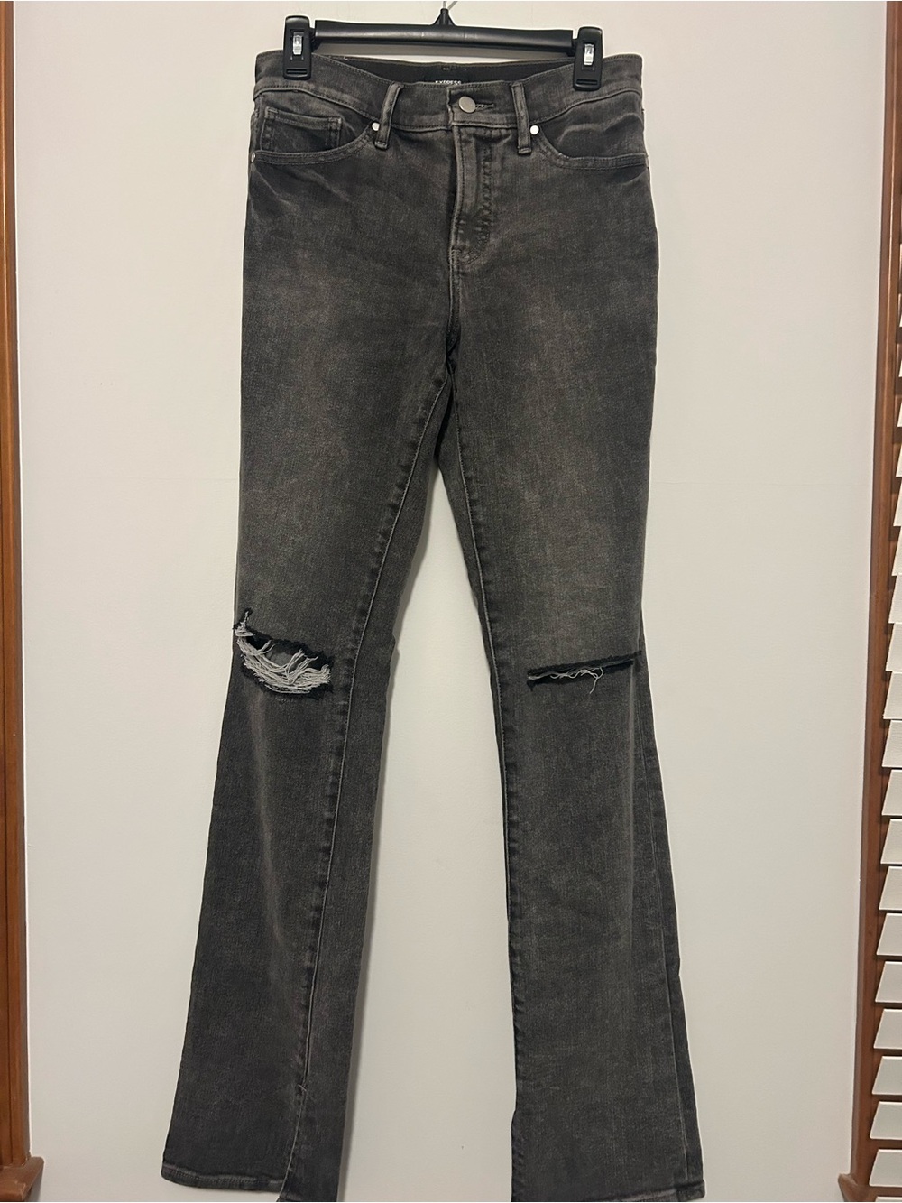 Express Black Washed Flare Jeans with Knee Rips